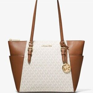 New Michael Kors Charlotte Large Shoulder Tote Signature Coated Canvas Vanilla
